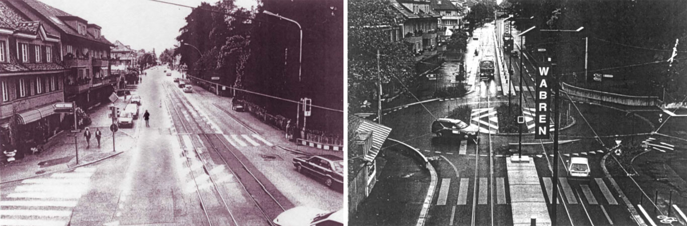 un ingegnoso sistema di semafori e rotatorie con priorità al tram ha permesso di integrare trasporto pubblico e traffico privato sulla stessa strada