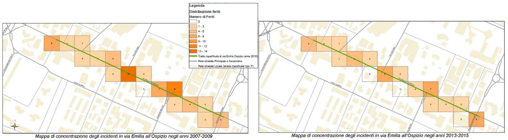 Se a livello generale (dato confermato anche a livello nazionale) il numero degli incidenti (e quindi dei feriti) per la componente debole sta crescendo (sia in senso assoluto che relativo), nel tratto oggetto di intervento si evince invece una netta riduzione del fenomeno incidentogeno.